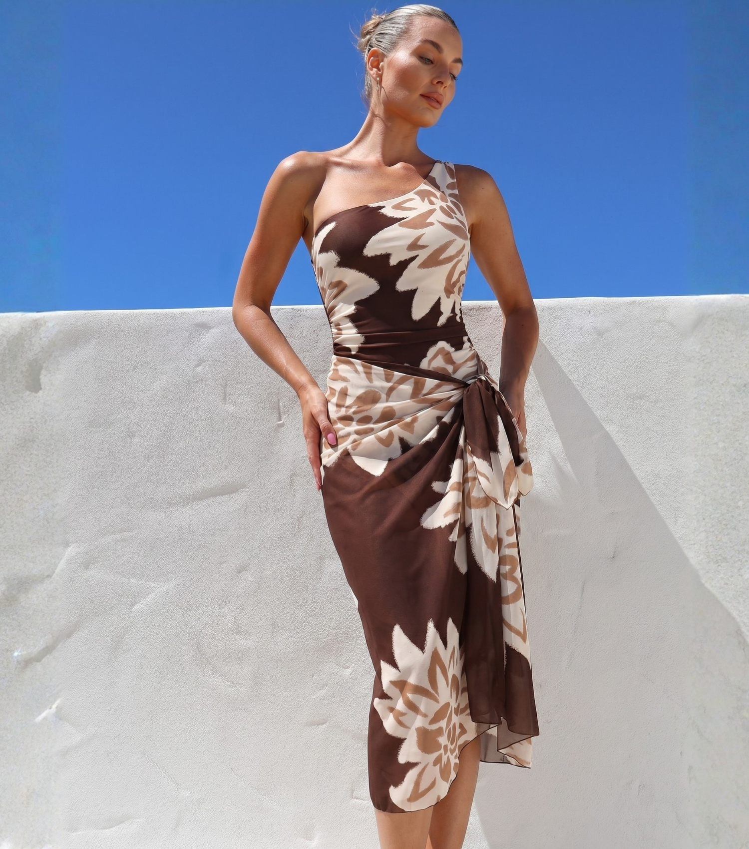One Shoulder Printed One Piece Swimsuit and Sarong