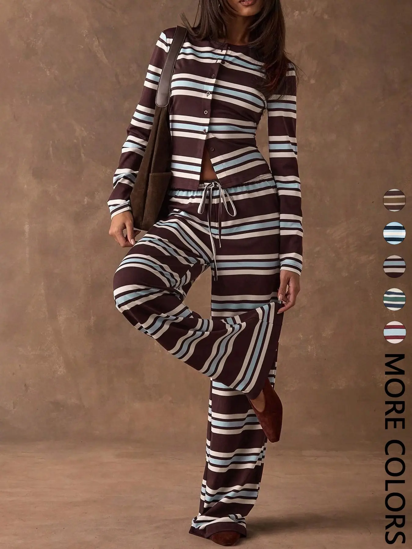 Women's Striped Knit Two-Piece Set, Crew Neck Long Sleeve Button Front Crop Top, Elastic Waist Drawstring Wide Leg Pants, Daily Casual Loungewear Vacation Wear, Soft Stretchy Breathable, Stretchy Outfit Sets
