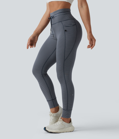 High Waisted Drawstring Striped Yoga Leggings with Pockets