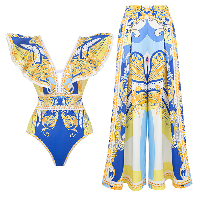 Ruffle V Neck Pattern Print One Piece Swimsuit and Sarong or Pants