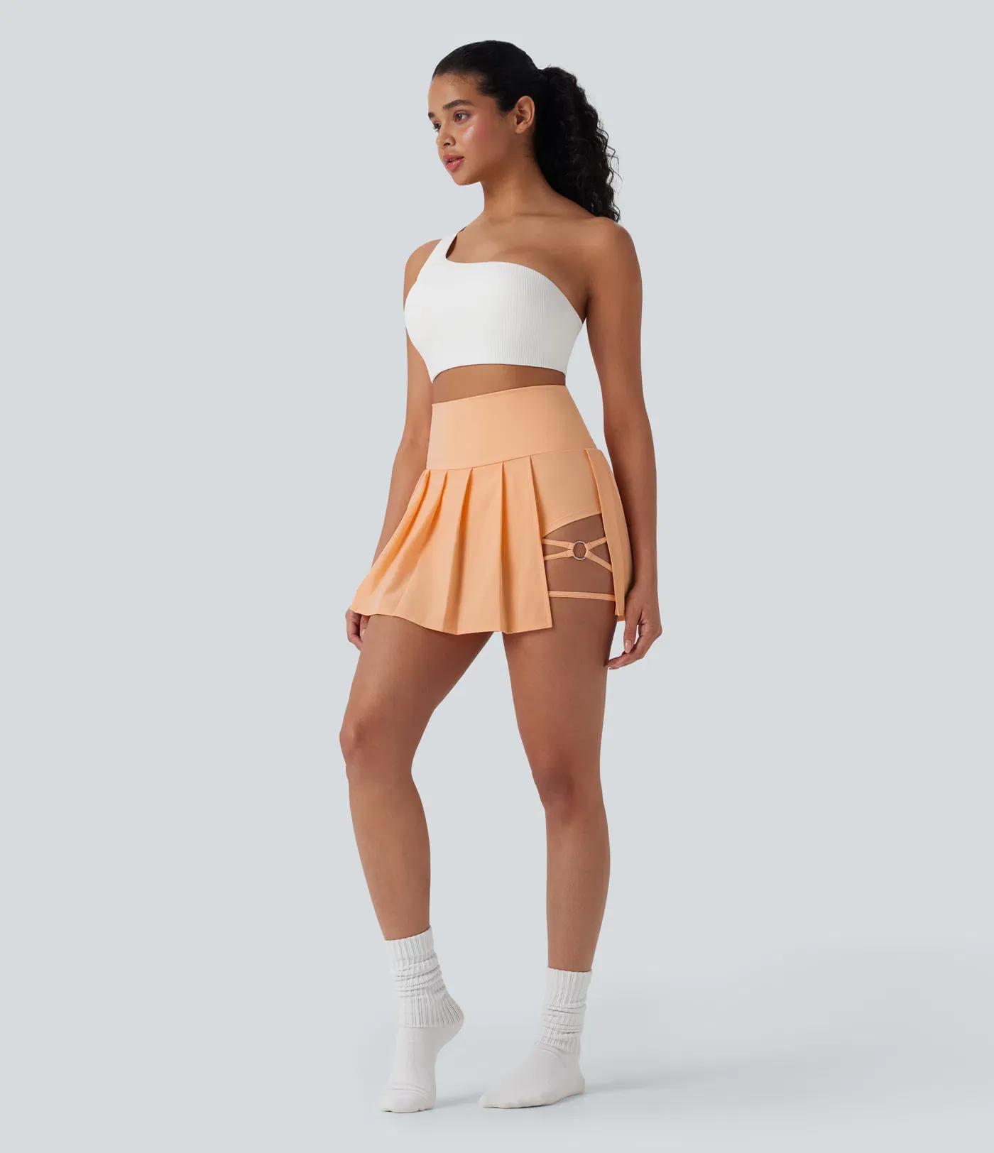 High Waisted Pleated 2-in-1 Side & Pocket Asymmetric Hem Quick Dry Mini Dance Skirt