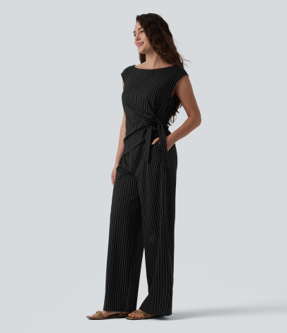 Boat Neck Sleeveless Tie Side Cool Touch Stripe Work Jumpsuit with Pockets-Easy Peezy Edition