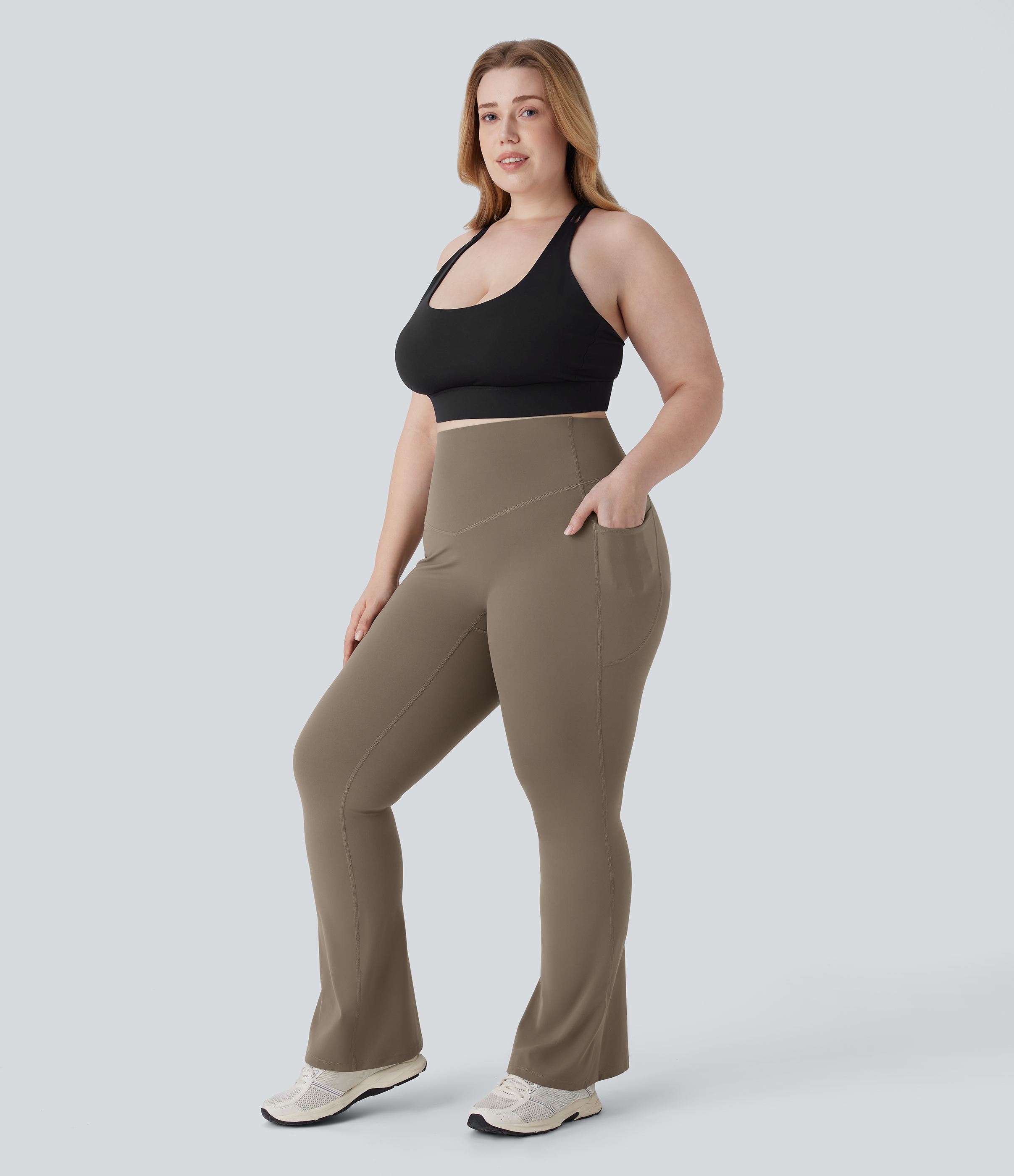 High Waisted Tummy Control Pocket Shaping Yoga Bootcut Plus Size Leggings