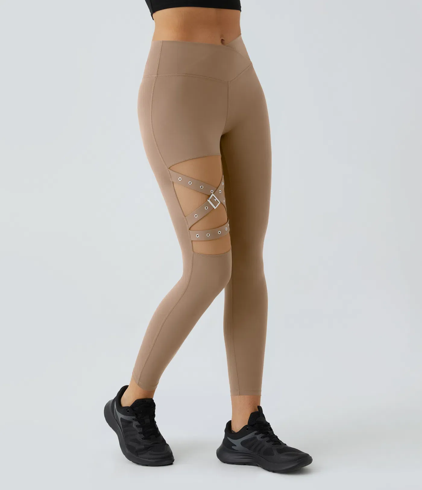 DayStretch High Waisted Crossover Contrast Mesh Decorative Buckle Yoga Leggings