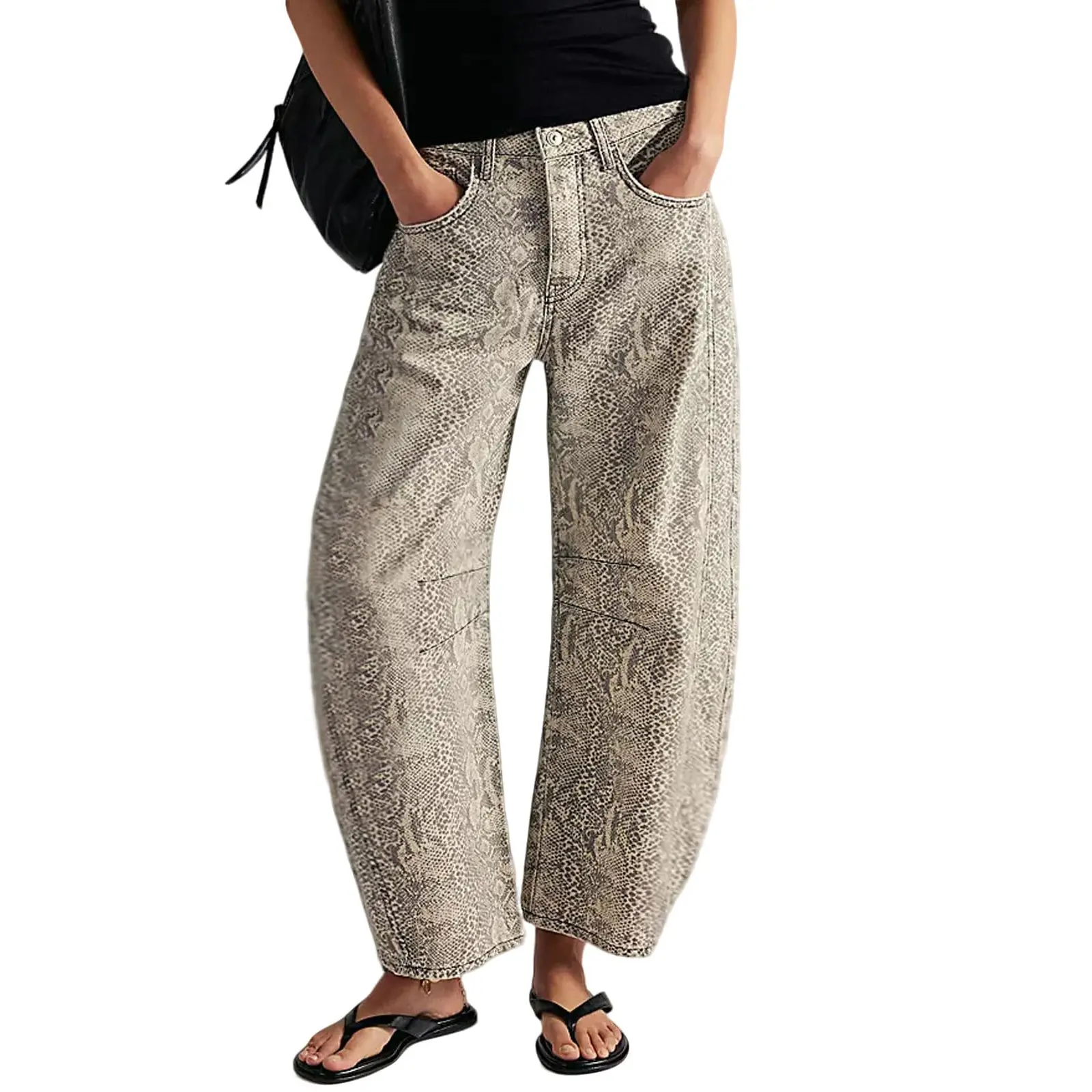 Women's Printed Wide-Leg Jeans Y2k Loose Mid-Rise Jeans in Soft Pink with Boho Floral Pattern Casual Denim Trousers