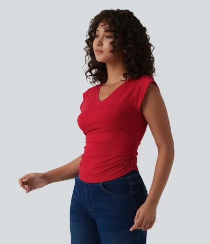 V-Neck Short-Sleeve Curved Hem Pleated Casual Tee