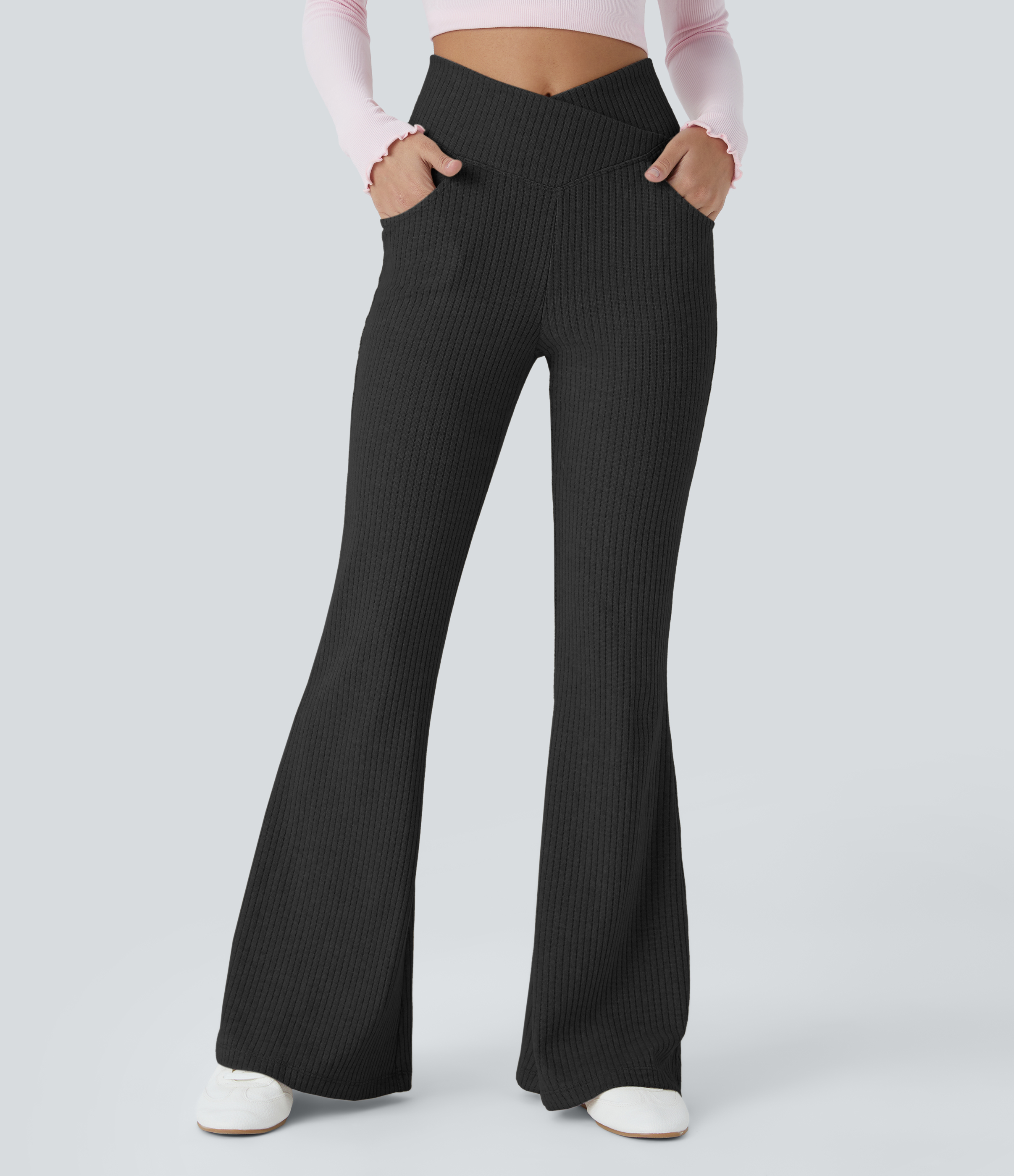 Ribbed Knit Crossover High Waisted Pocket Casual Flare Pants