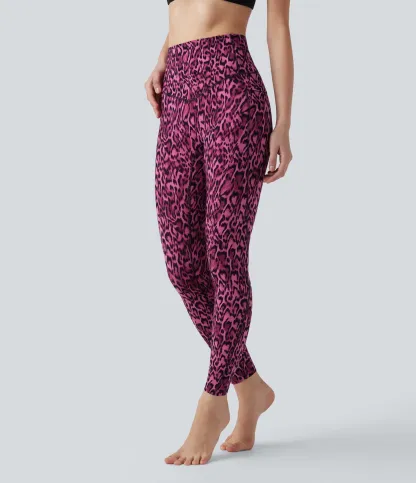Leopard Print High Waisted Tummy Control Yoga Leggings with Pockets