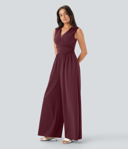 V Neck Sleeveless Ruched Pocket Jumpsuit-Easy Peezy