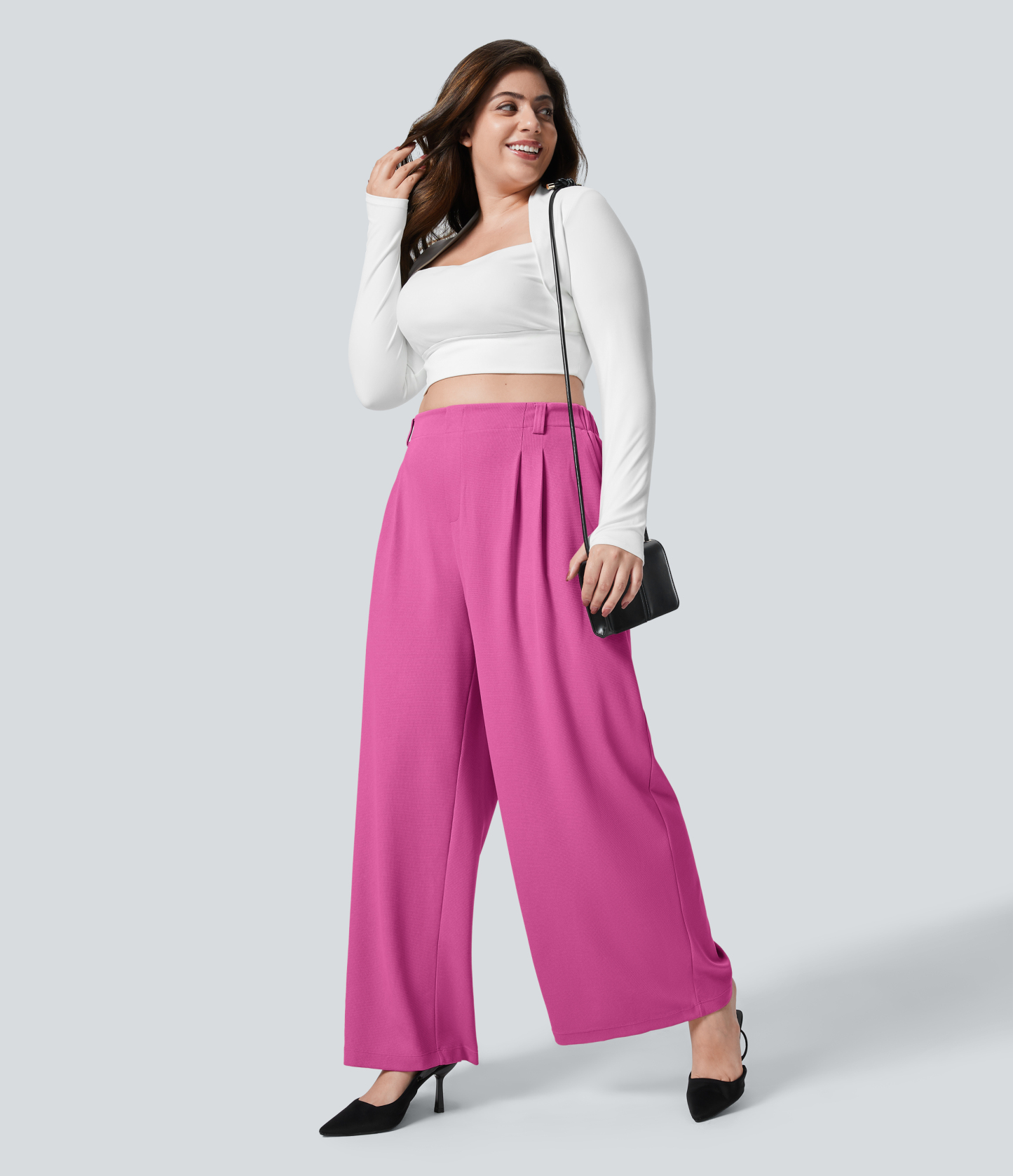 High Waisted Pocket Wide Leg Waffle Work Plus Size Pants
