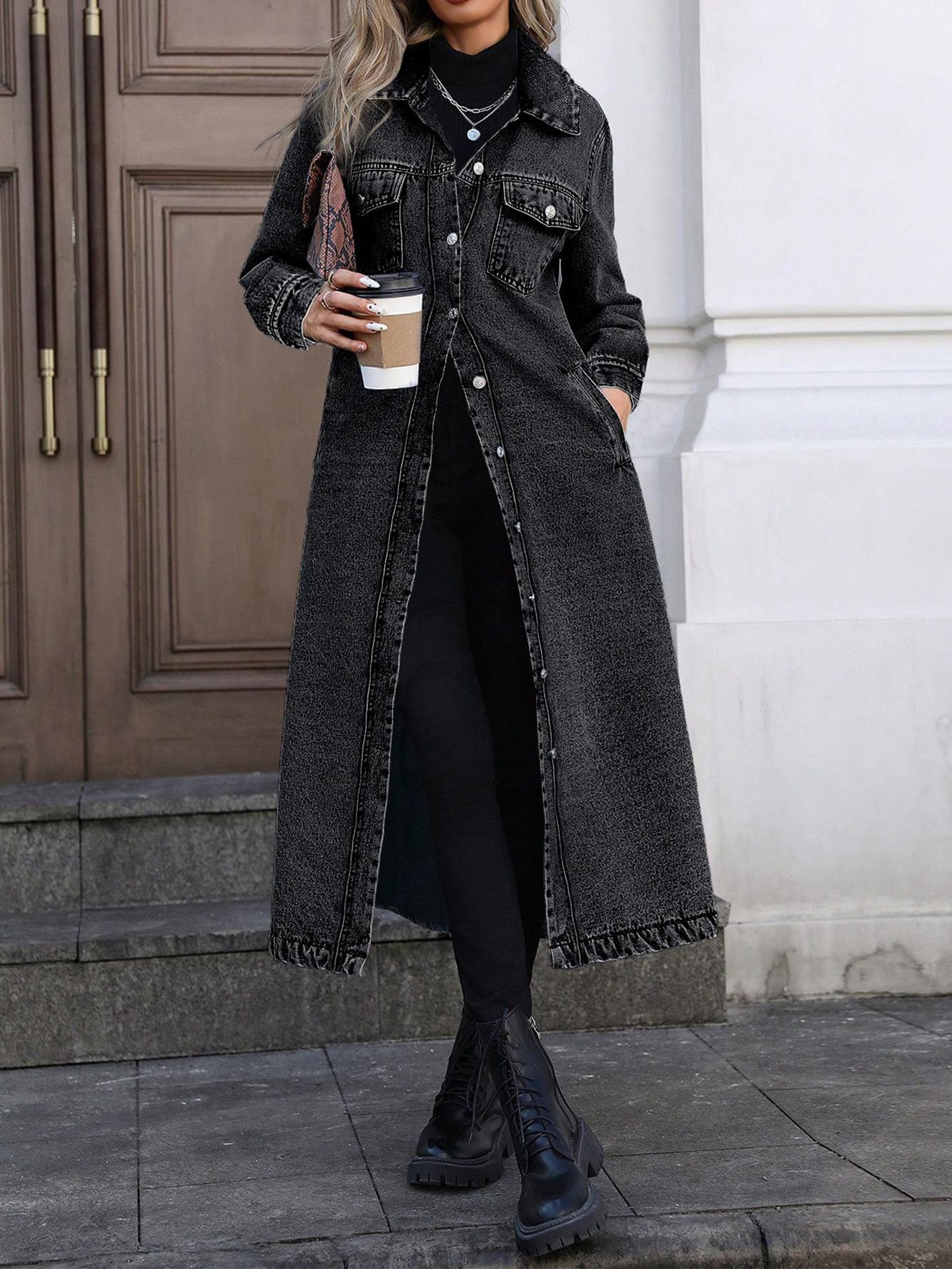 Women's Button Front Denim Coat, Elegant Casual Long Sleeve Denim Jacket for Spring & Fall, Women's Clothing for Daily Wear Women's Button Front Denim Coat, Elegant Casual Long Sleeve Denim Jacket for Spring & Fall, Women's Clothing for Daily Wear