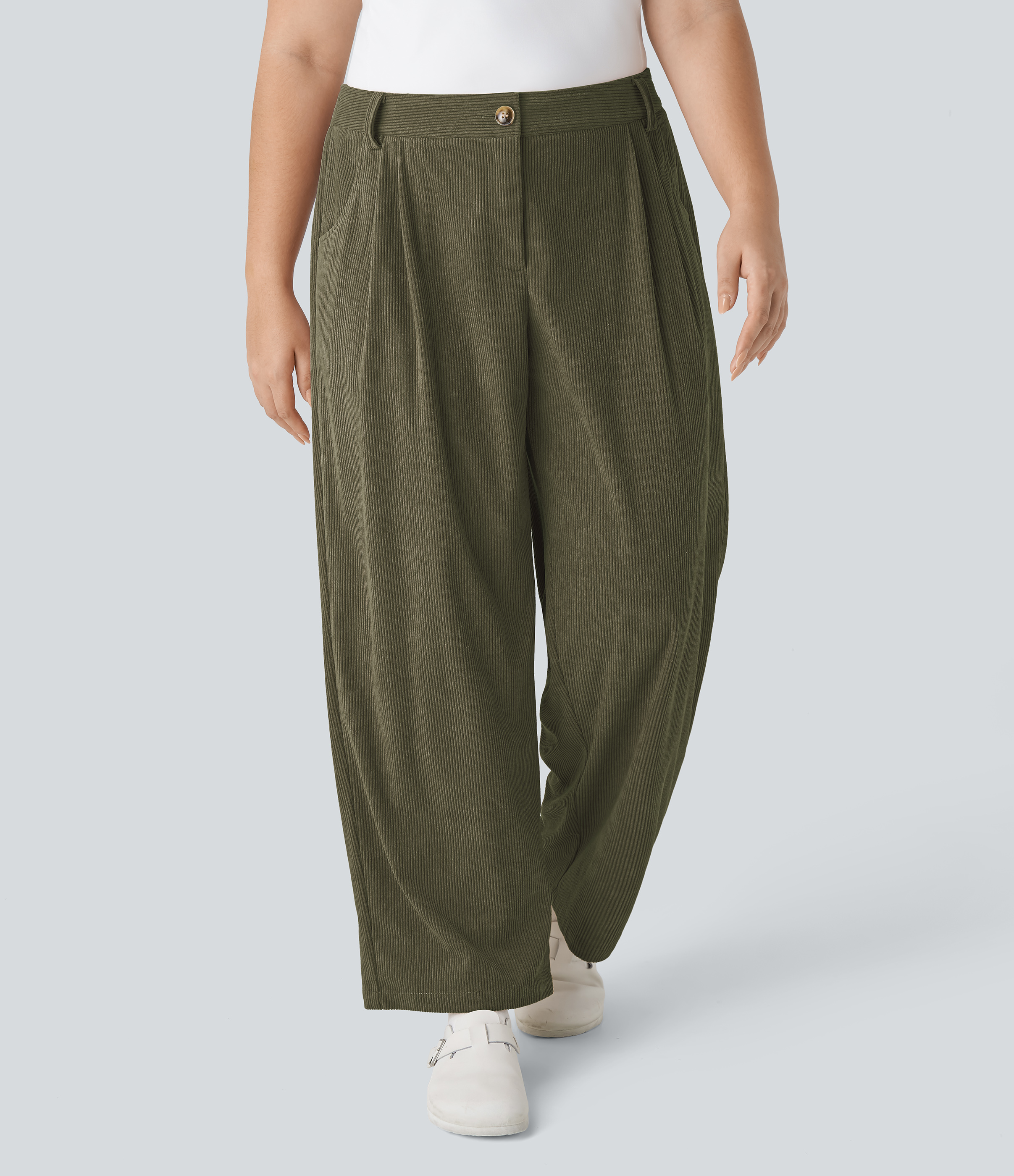 Mid Rise Zipper Pocket Plus Size Corduroy Casual Pants