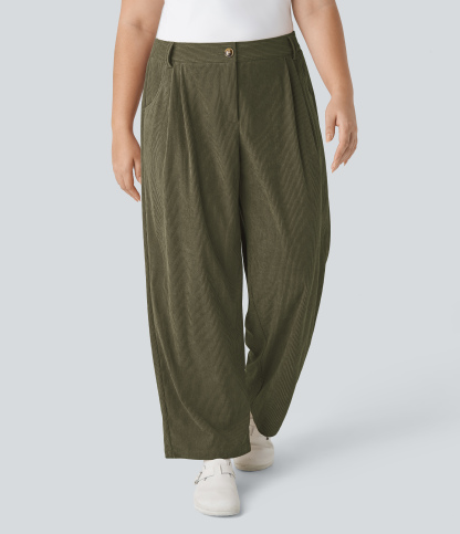 Mid Rise Zipper Pocket Plus Size Corduroy Casual Pants