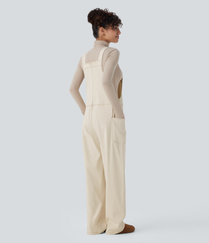 V Neck Pocket Washed Denim Casual Overalls