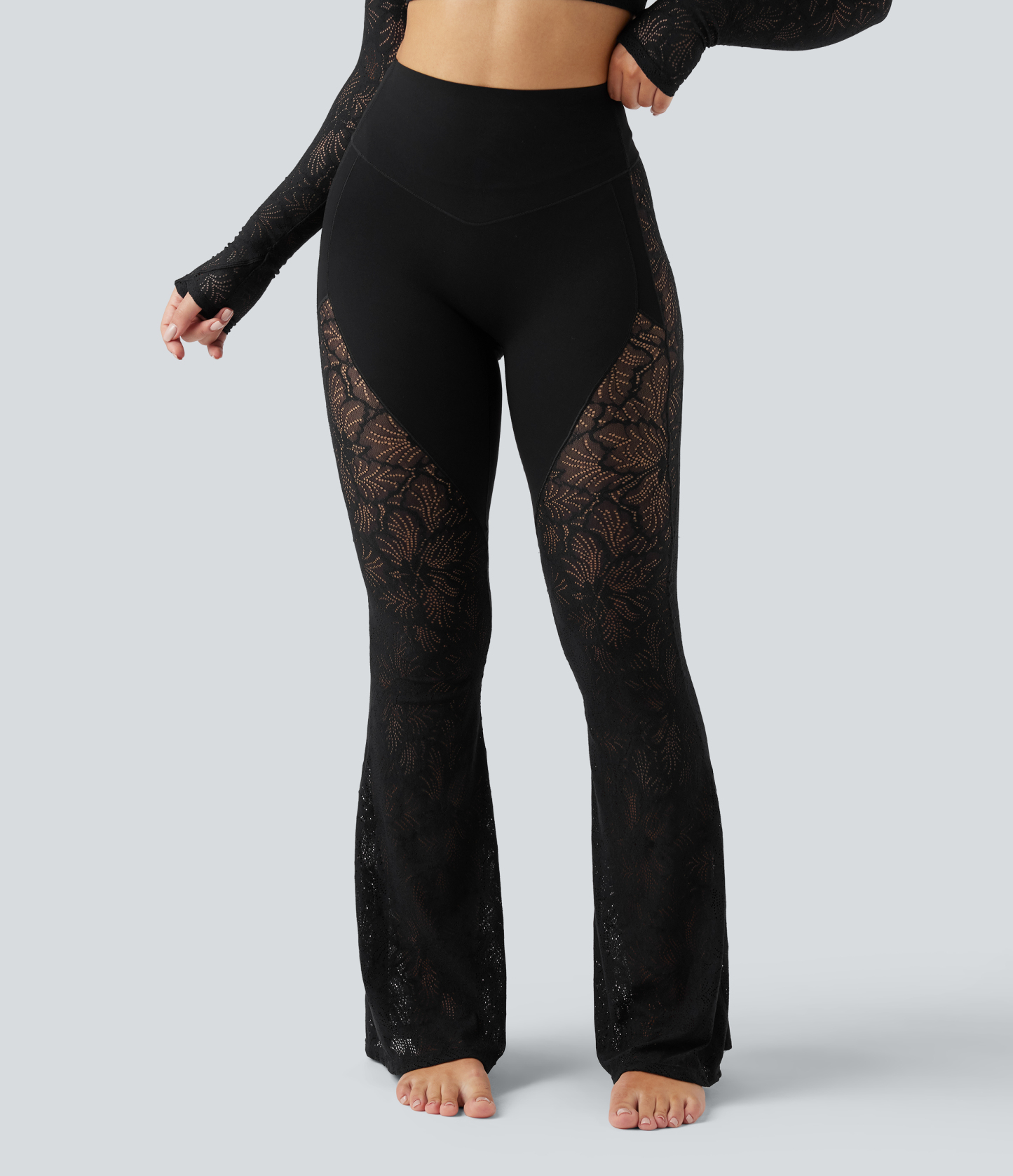 High Waisted Tummy Control Contrast Lace Yoga Flare Leggings with Pocket