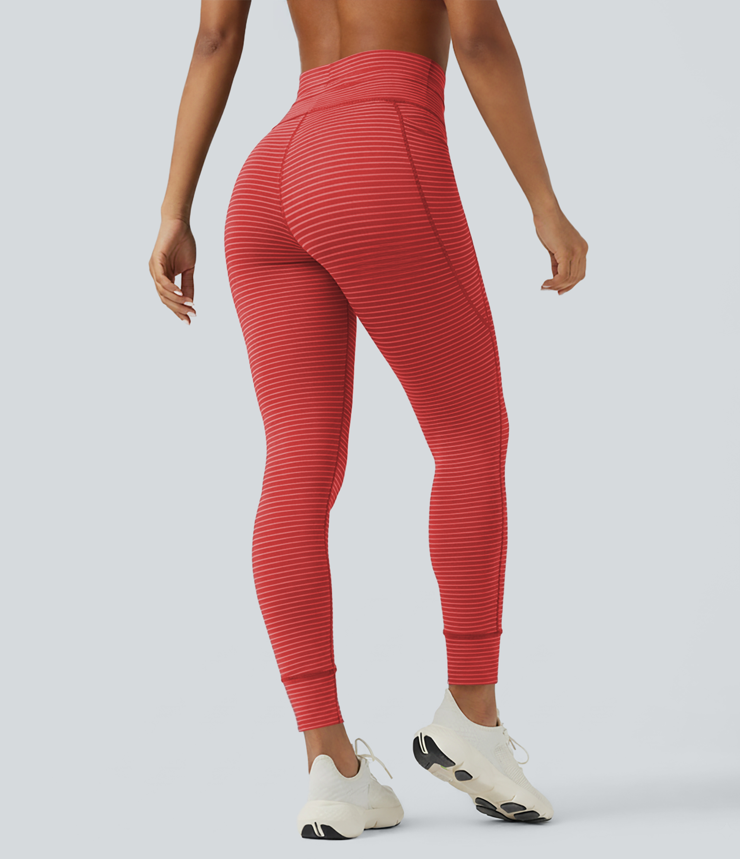 High Waisted Drawstring Striped Yoga Leggings with Pockets