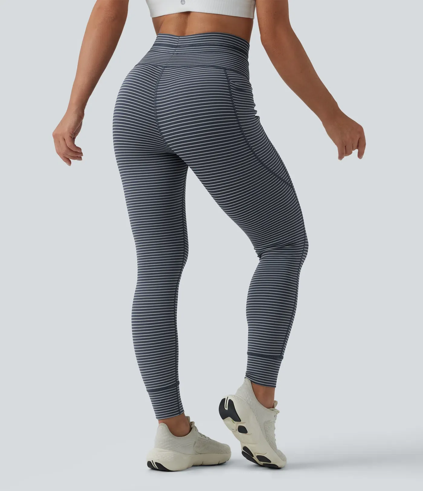 High Waisted Drawstring Striped Yoga Leggings with Pockets