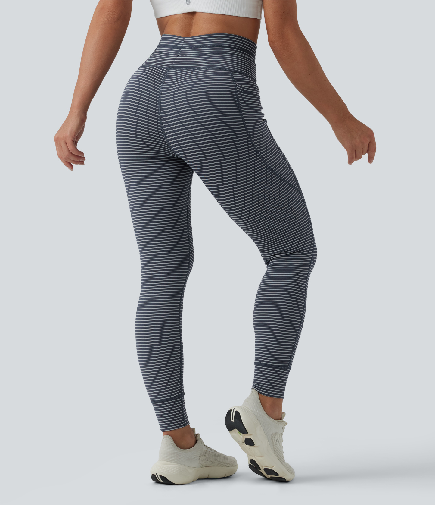 High Waisted Drawstring Striped Yoga Leggings with Pockets