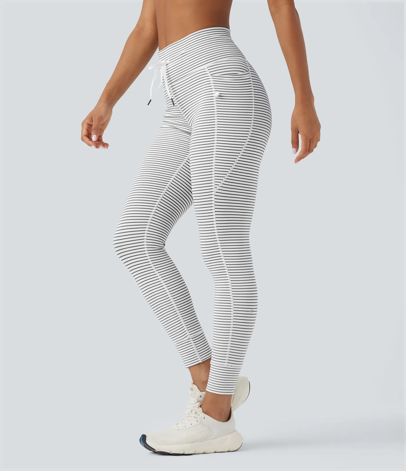 High Waisted Drawstring Striped Yoga Leggings with Pockets
