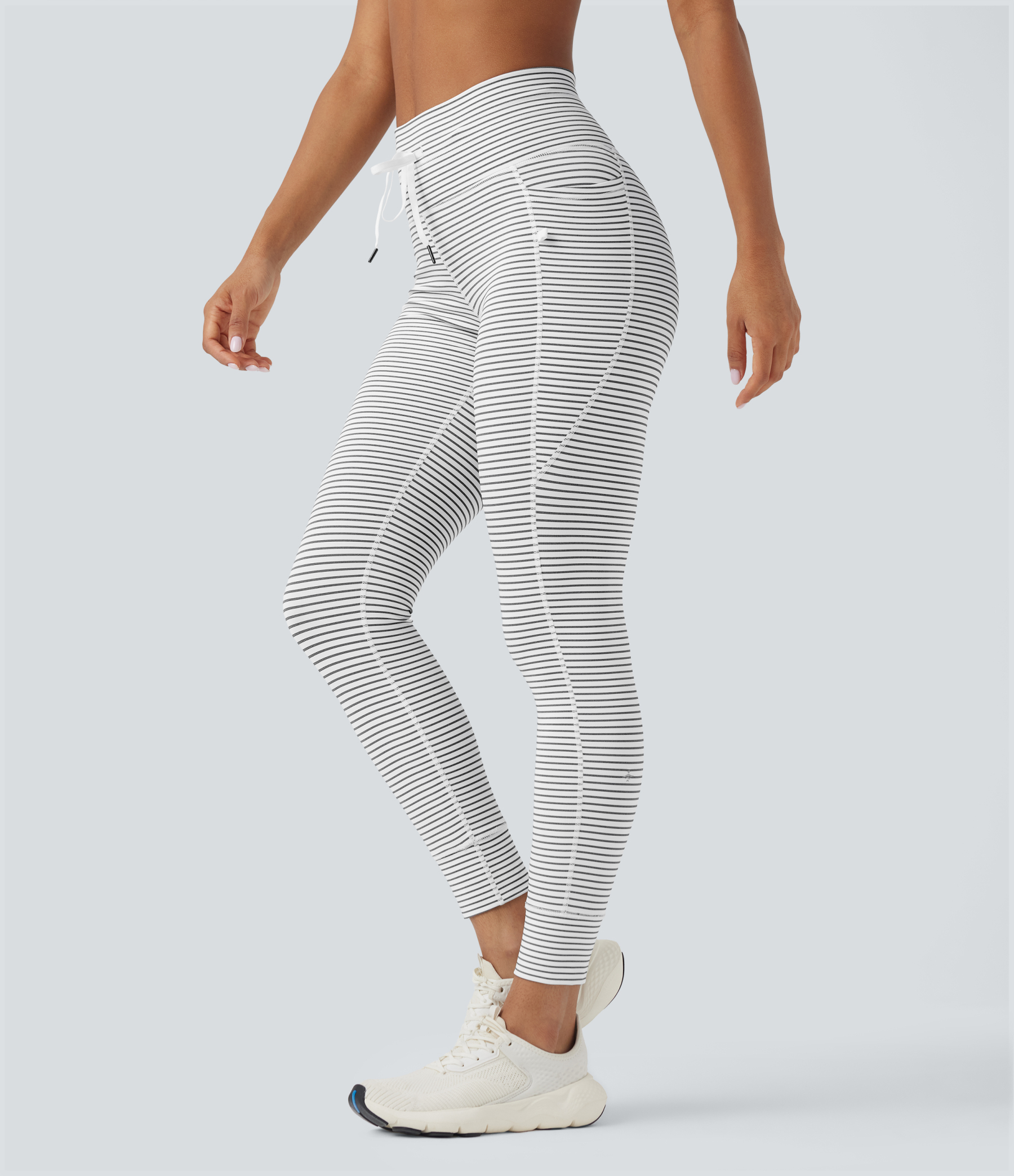 High Waisted Drawstring Striped Yoga Leggings with Pockets