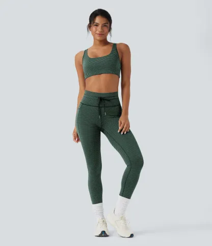 High Waisted Drawstring Striped Yoga Leggings with Pockets
