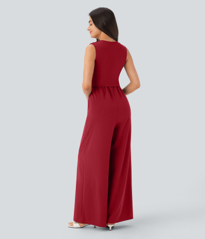 V Neck Sleeveless Ruched Pocket Jumpsuit-Easy Peezy