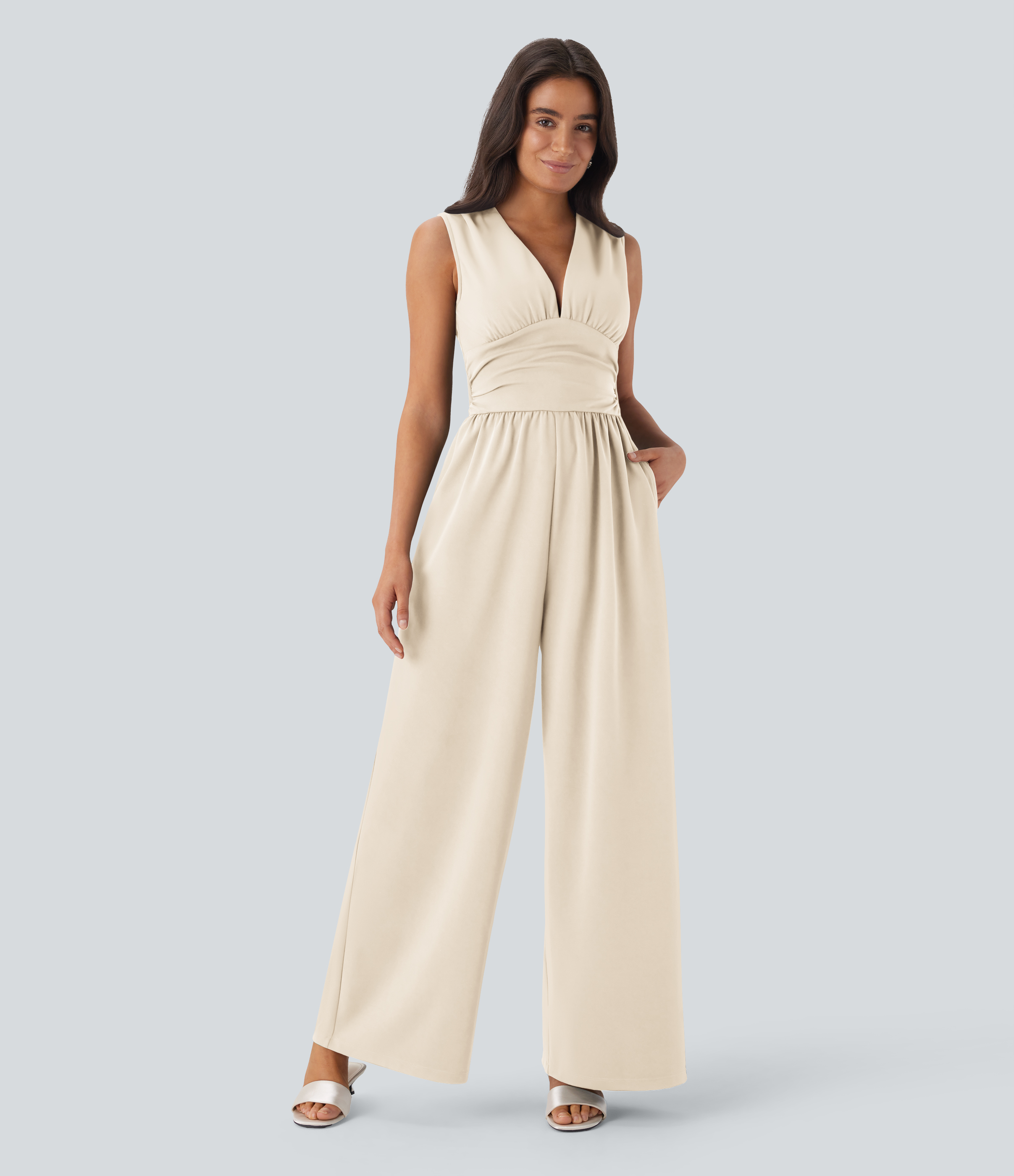 V Neck Sleeveless Ruched Pocket Jumpsuit-Easy Peezy