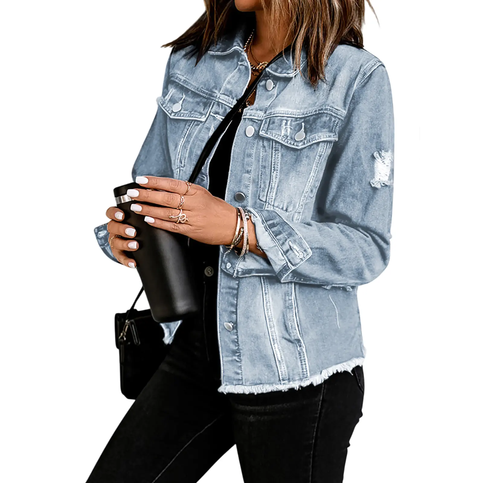 Women's Casual Short Jean Jackets Non Stretch Distressed Ripped  Lapel Long Sleeve Denim Jacket Outwear Tops