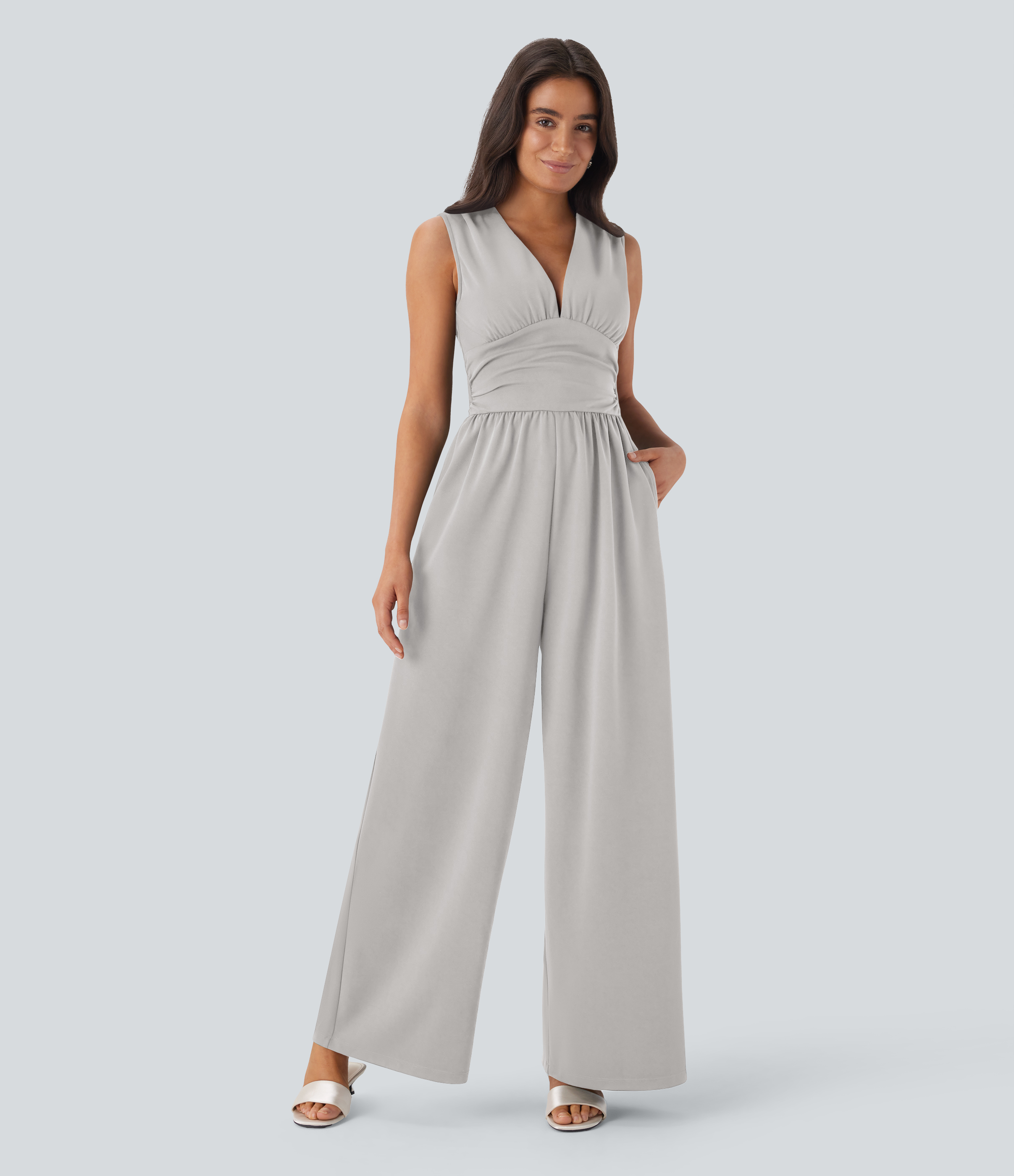 V Neck Sleeveless Ruched Pocket Jumpsuit-Easy Peezy