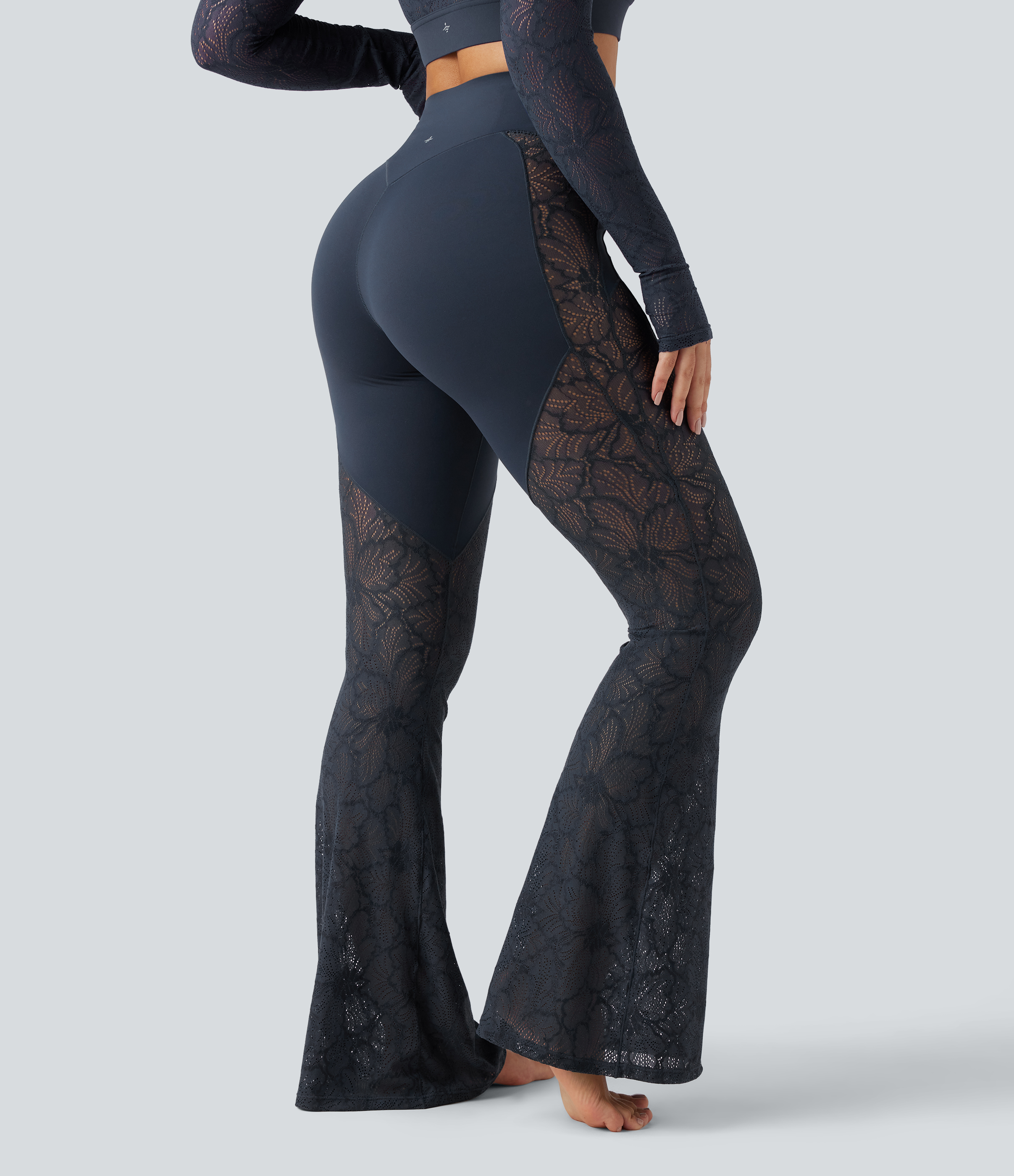 High Waisted Tummy Control Contrast Lace Yoga Flare Leggings with Pocket