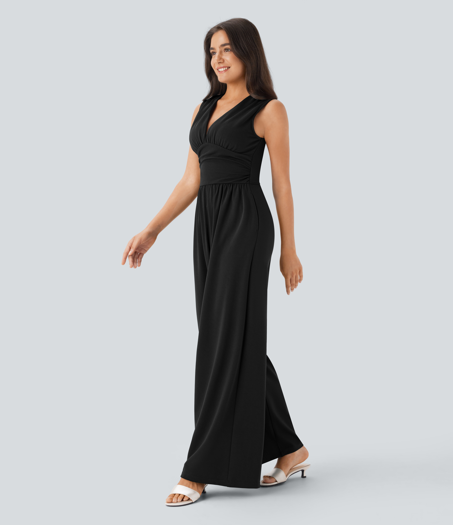 V Neck Sleeveless Ruched Pocket Jumpsuit-Easy Peezy