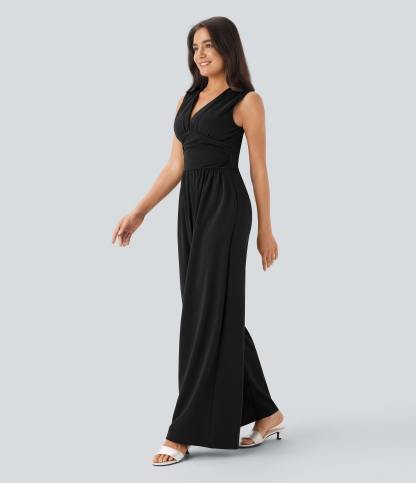 V Neck Sleeveless Ruched Pocket Jumpsuit-Easy Peezy