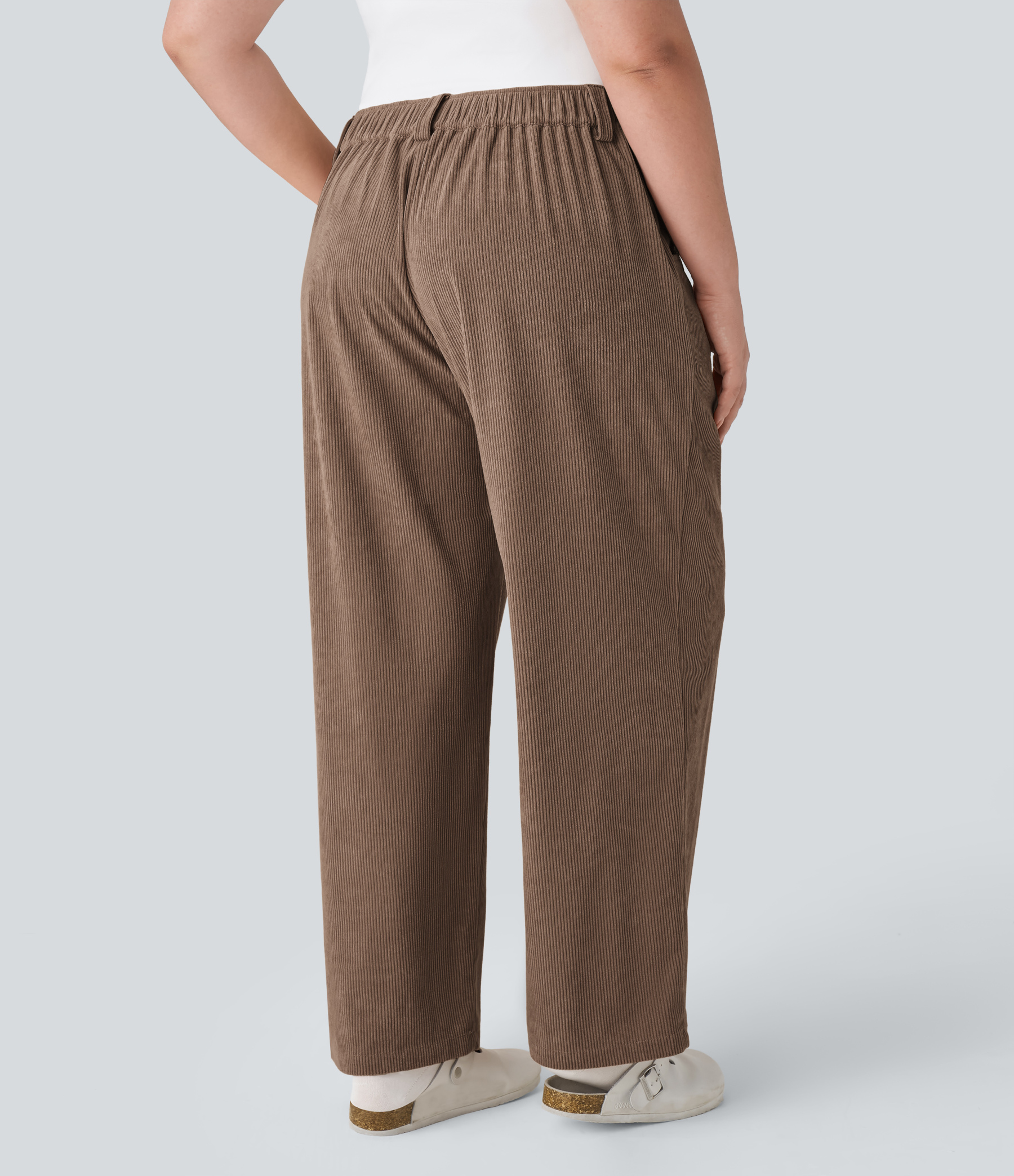 Mid Rise Zipper Pocket Plus Size Corduroy Casual Pants