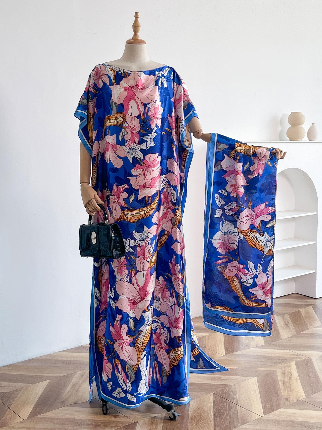 Women's Floral Print Lightweight Long Dress & Scarf Piece Set Outfit, Boho Casual Wear Shawl Dress & Scarf Set for Beach Vacation Holiday, Ladies Clothes for All Seasons