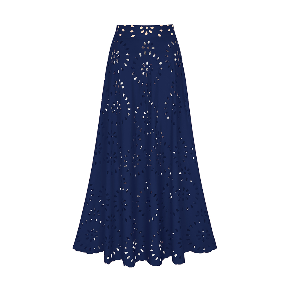 Navy Blue Laser Cutting Flower Hollow One Piece Swimsuit and Skirt