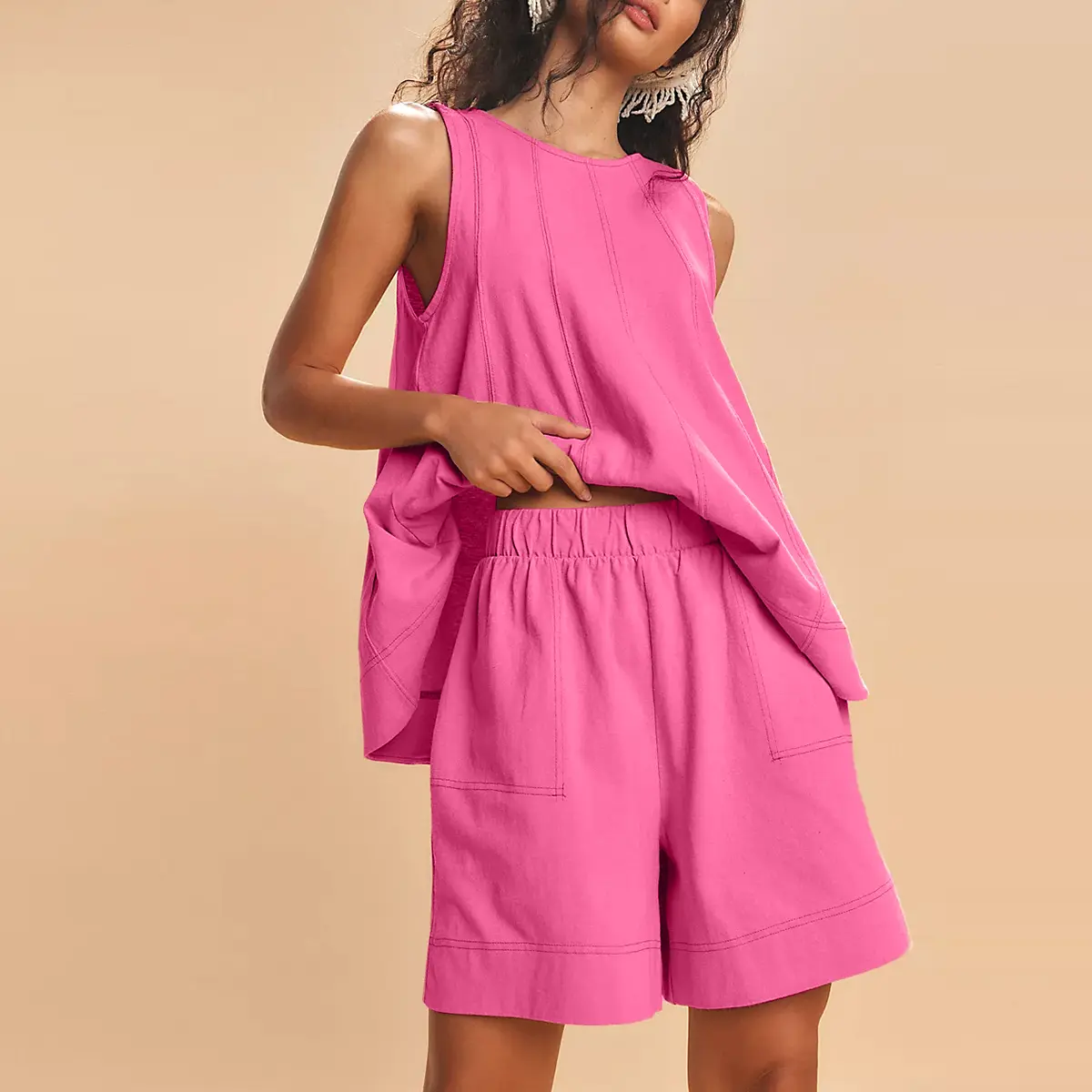 Cotton Two Piece Outfit - A-Line Tank & High-Waist Shorts