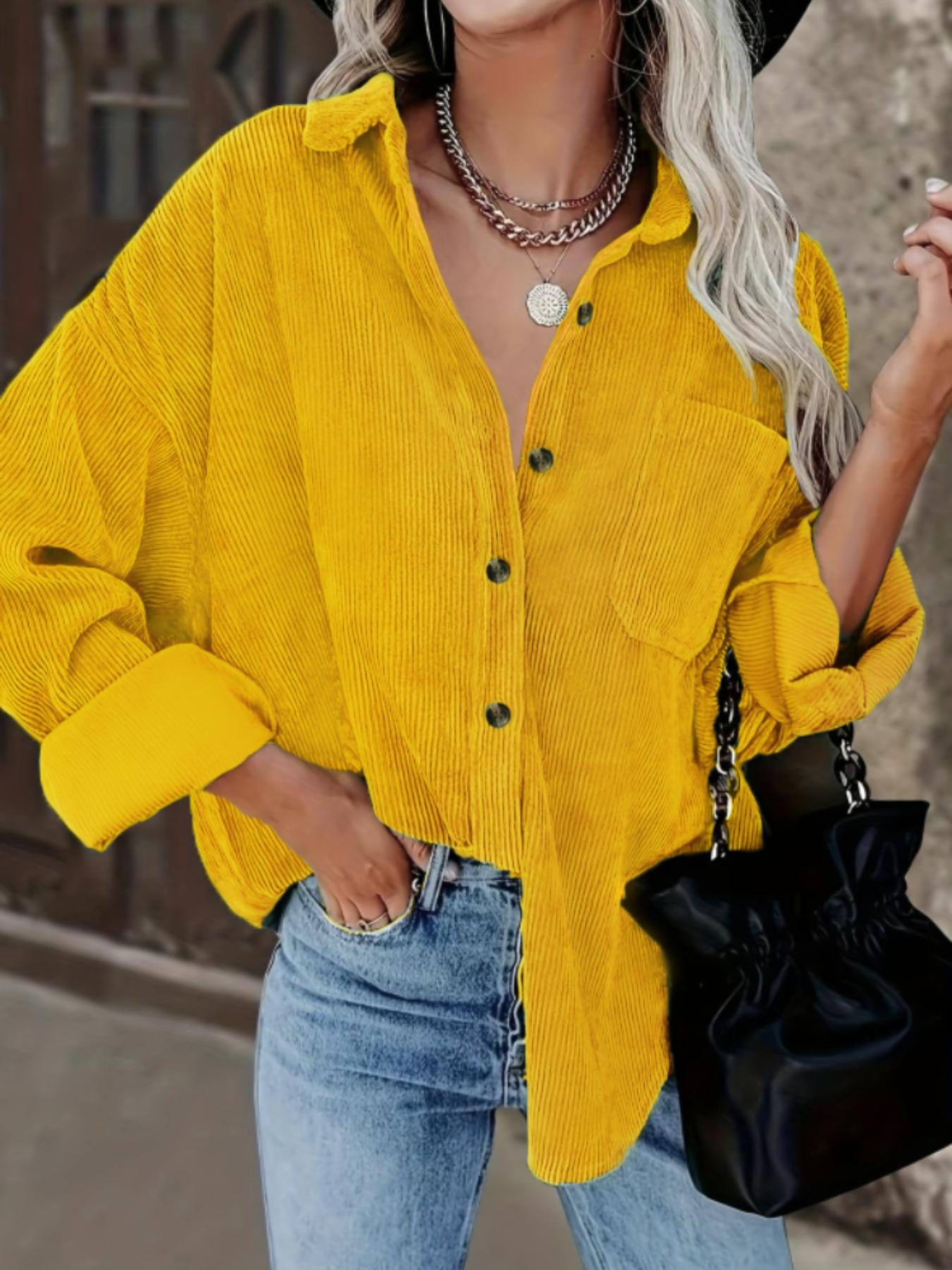 Women's Corduroy Button Collared Blouse Shirt With Pocket, Long Sleeve Loose Fit Oversize Drop Shoulder Casual Everyday Style For Spring & Fall