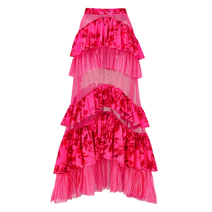 Rose Red Flower Print Cutout One Piece Swimsuit and Tiered Skirt