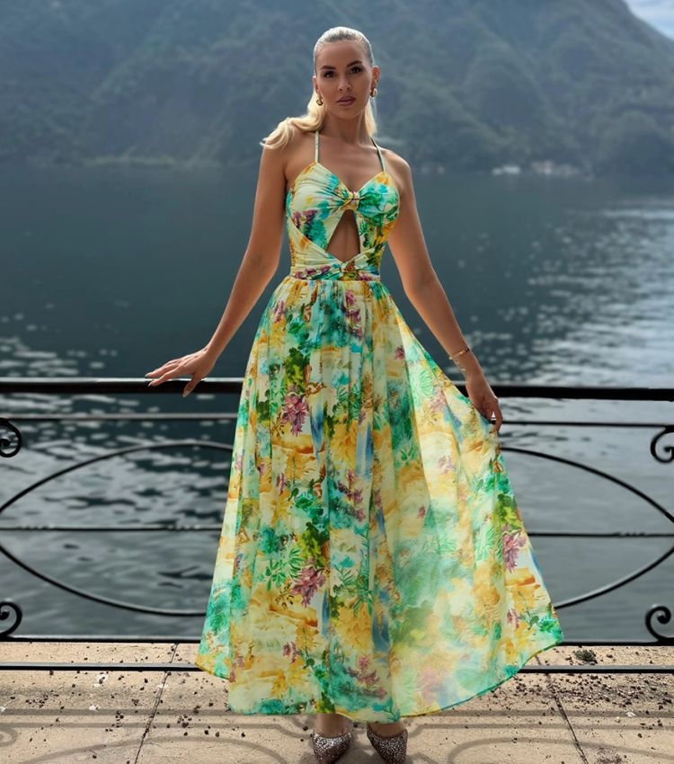 Plus Size Landscape Prints Hollow One Piece Swimsuit and Skirt