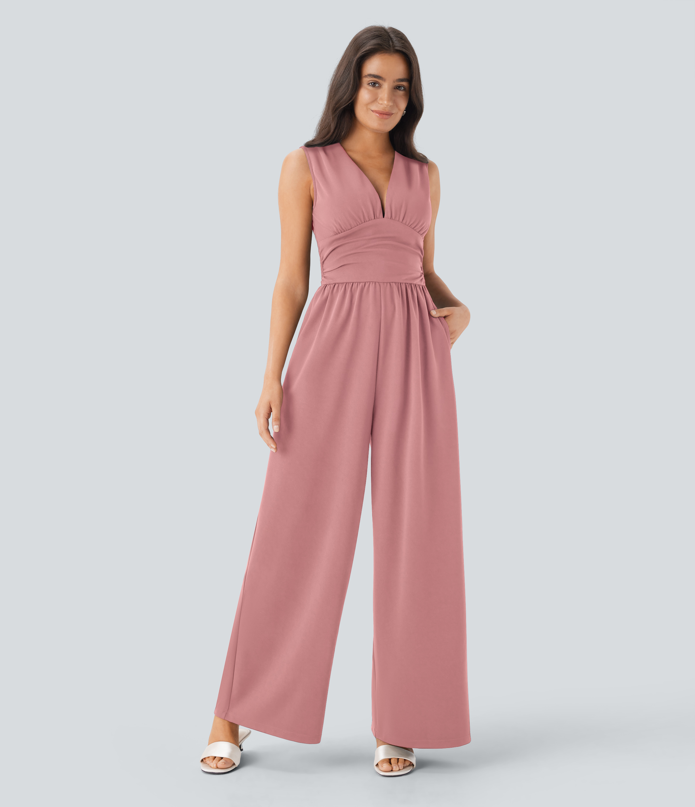 V Neck Sleeveless Ruched Pocket Jumpsuit-Easy Peezy