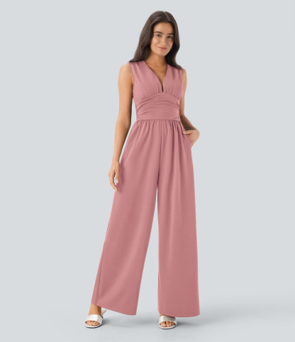 V Neck Sleeveless Ruched Pocket Jumpsuit-Easy Peezy