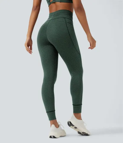 High Waisted Drawstring Striped Yoga Leggings with Pockets