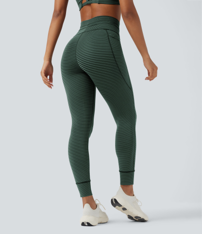 High Waisted Drawstring Striped Yoga Leggings with Pockets