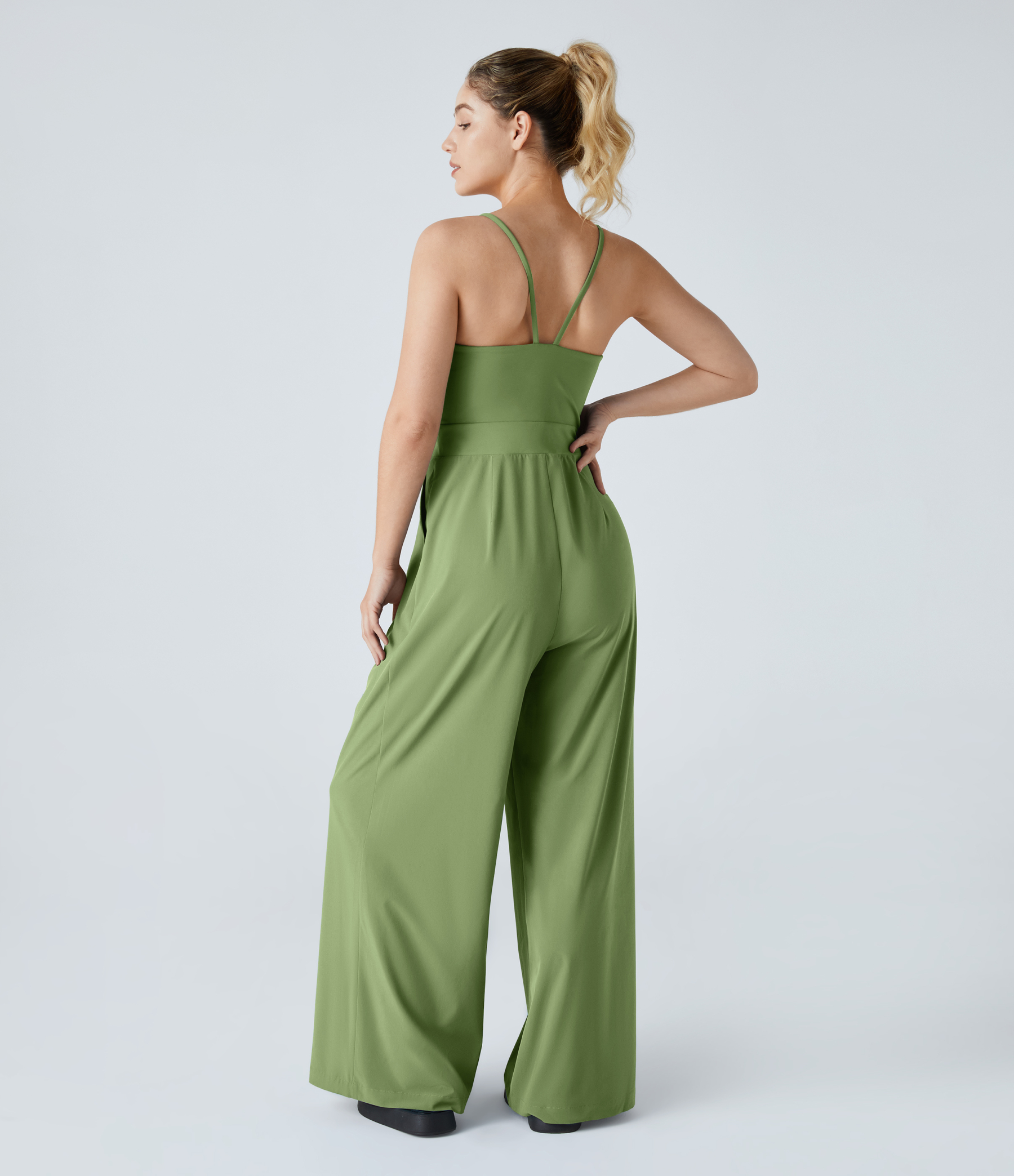 Backless Side Invisible Zipper Pocket Wide Leg Quick Dry Resort Slip Jumpsuit