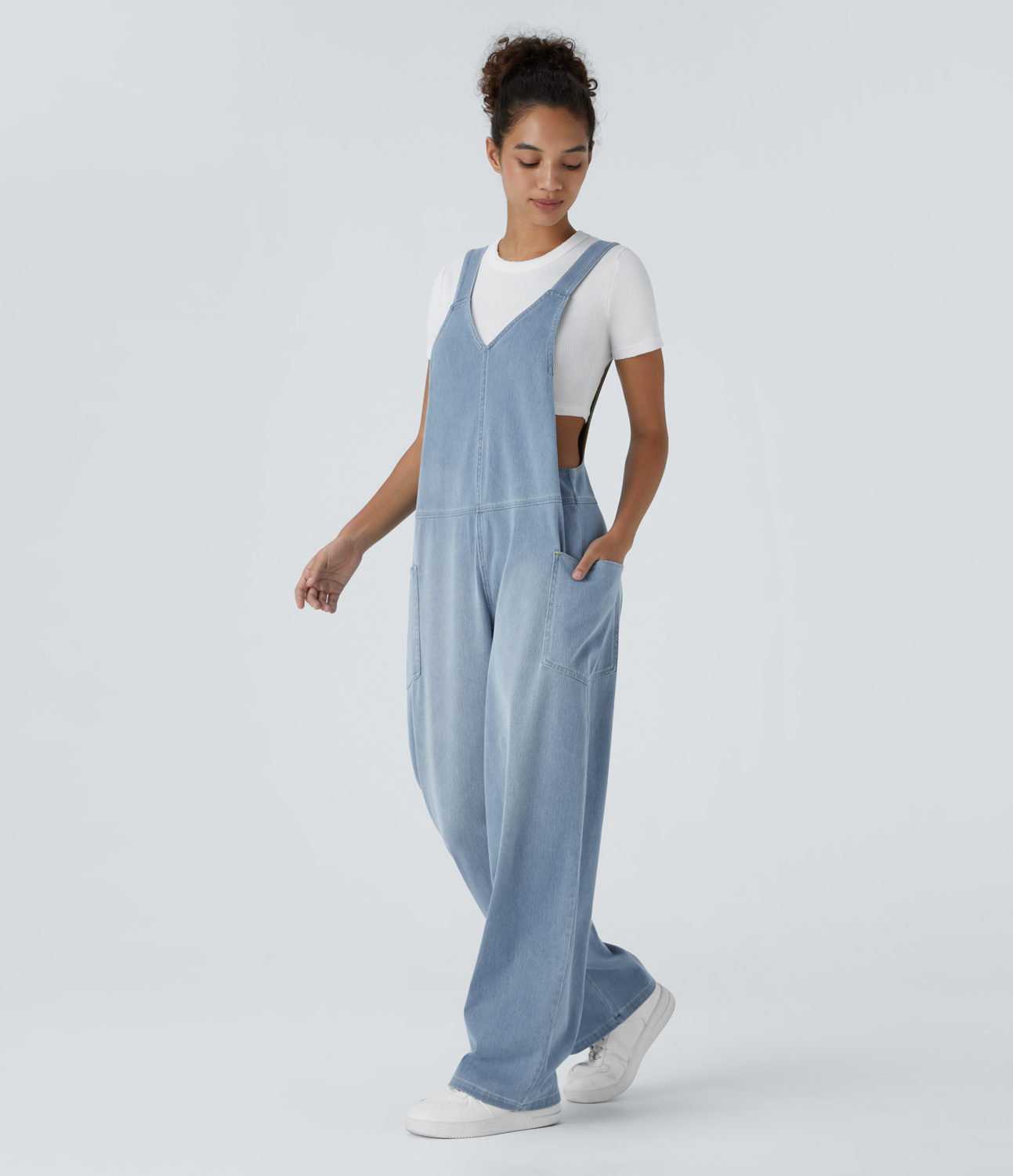 V Neck Pocket Washed Denim Casual Overalls