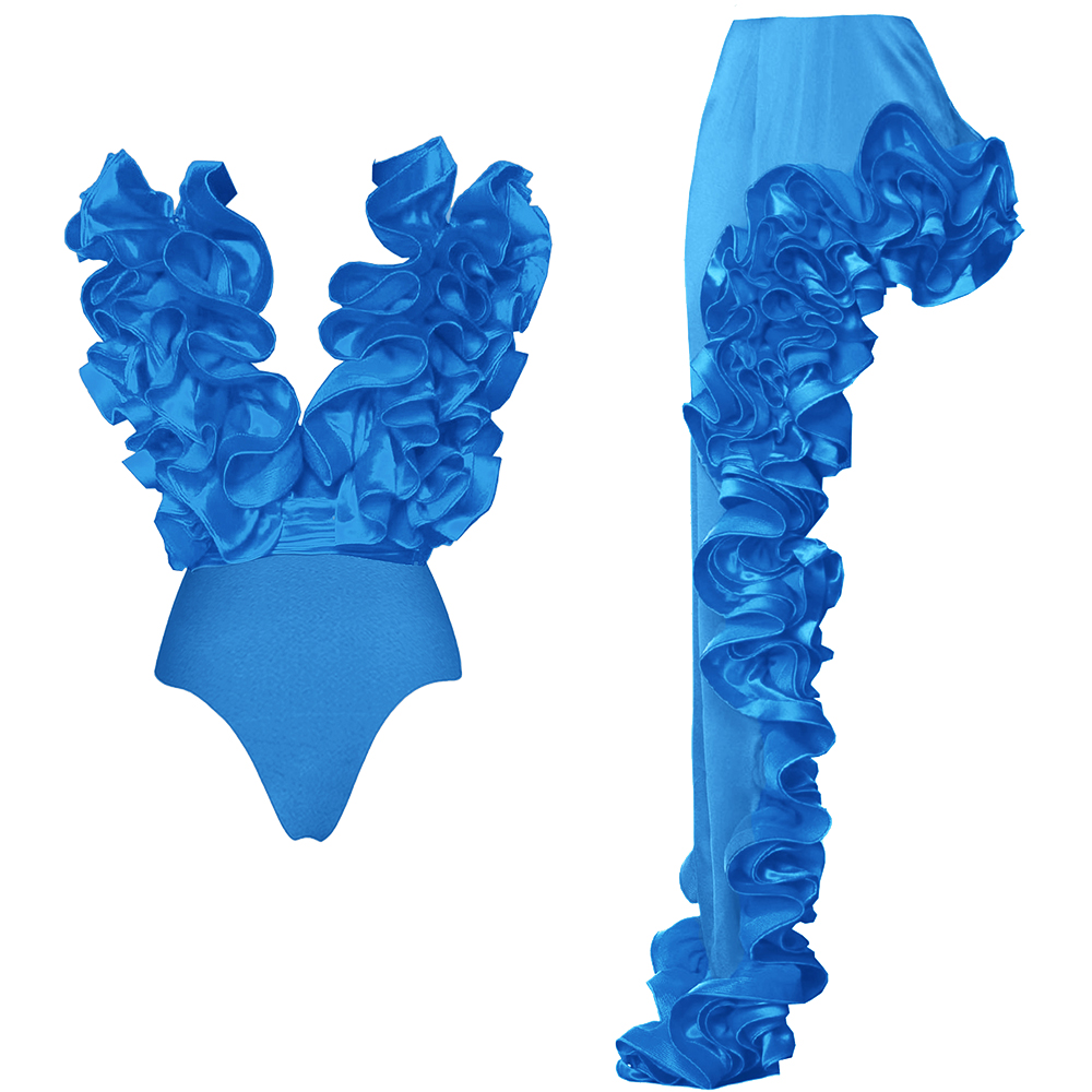 Blue Frilled V Neck One Piece Swimsuit and Skirt Flaxmaker