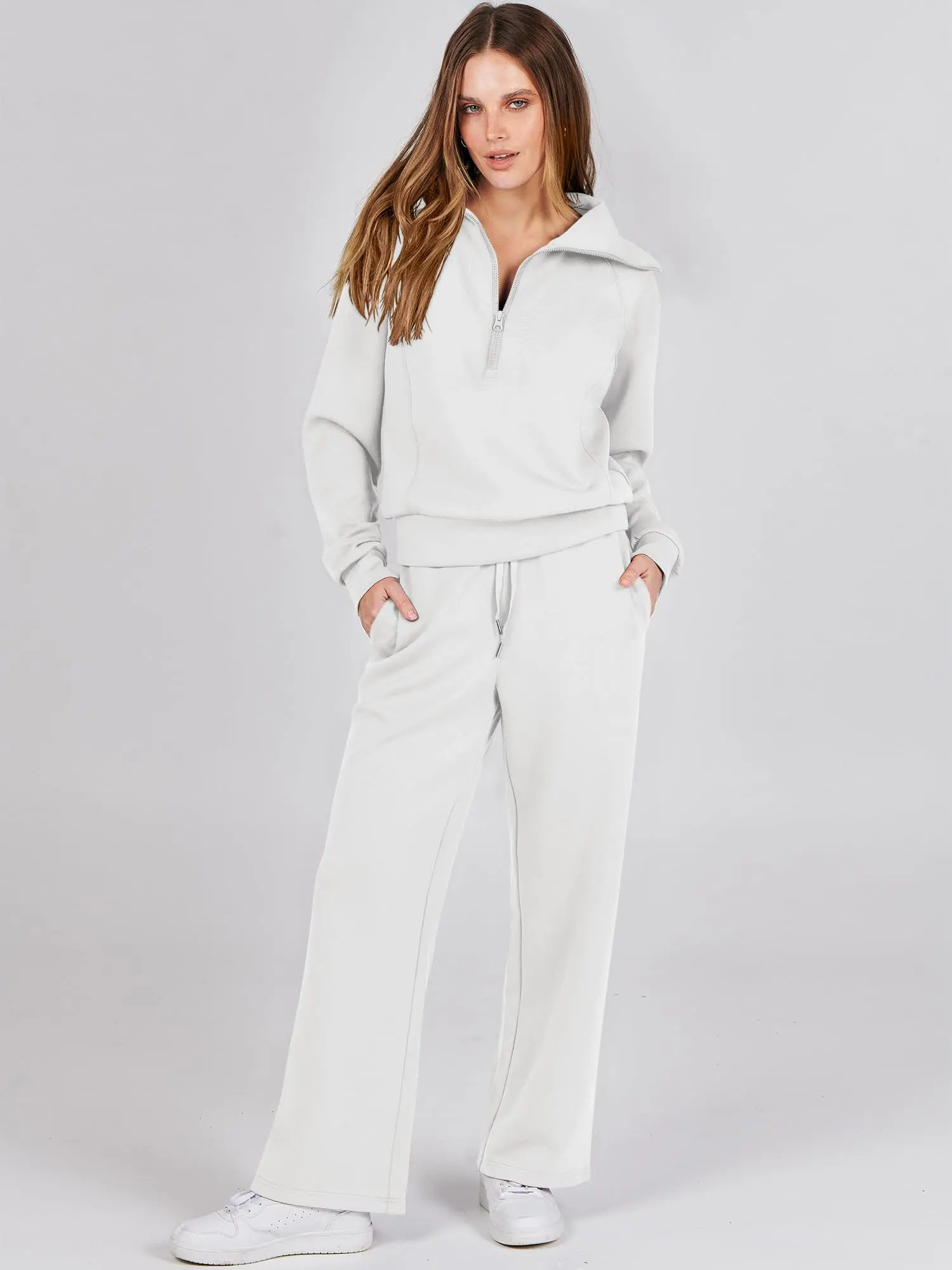 Women 2 Piece Outfits Sweatsuit Set 2026 Fall Oversized Half Zip Sweatshirt Wide Leg Sweatpant Lounge Set Tracksuit