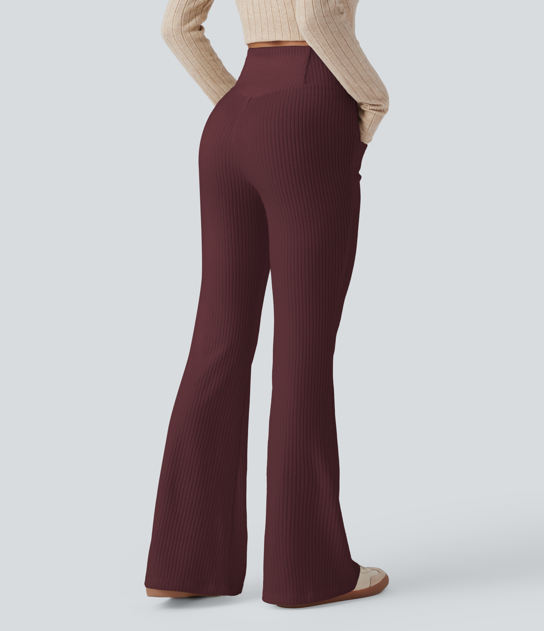 Ribbed Knit Crossover High Waisted Pocket Casual Flare Pants