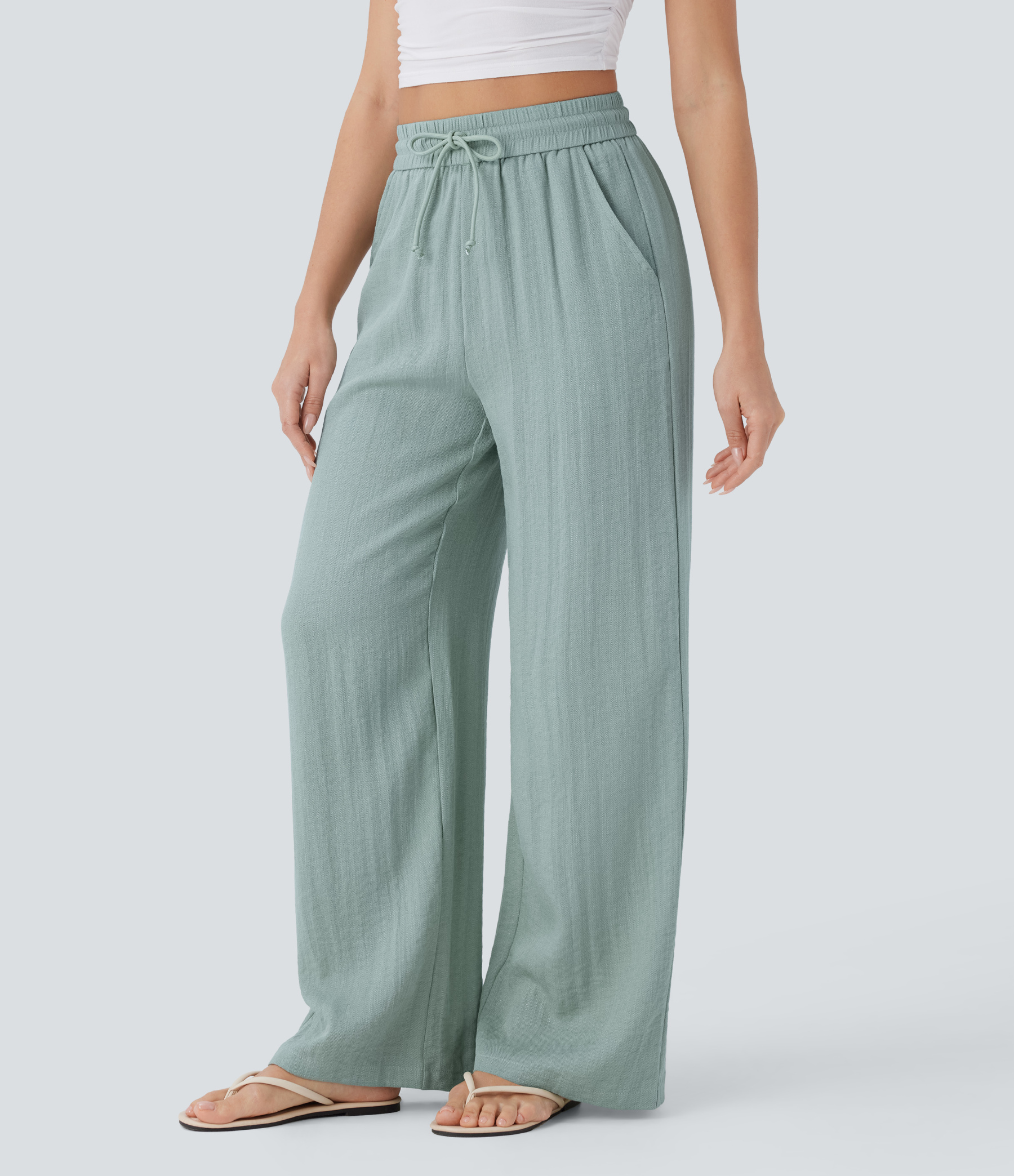 High Waisted Drawstring Pocket Wide Leg Casual Linen-Feel Pants