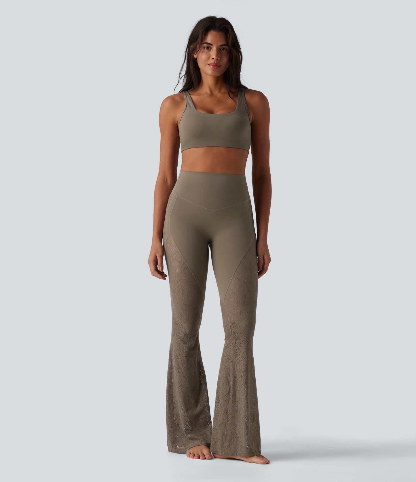 High Waisted Tummy Control Contrast Lace Yoga Flare Leggings with Pocket